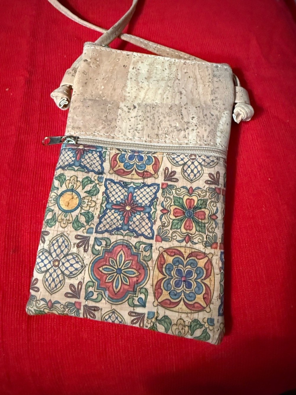 Handcrafted Beige Cork Crossbody Bag with Multicolor Tile Print